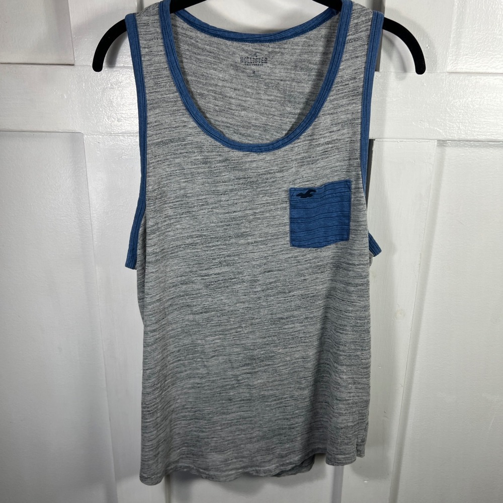 Hollister Mens Grey Heather Blue‎ Trim Pocket Tank Top Shirt Medium 1530